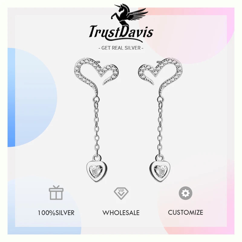 TrustDavis 925 Sterling Silver Women's Fashion Heart-shaped Asymmetric Zircon Drop Earrings for Women Girls Jewelry Gift DS4346