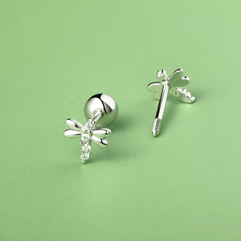 TrustDavis Real 925 Sterling Silver Insect Dragonfly CZ Screw Stud Earrings For Women Girls Fashion Fine Jewelry Gift DS4619