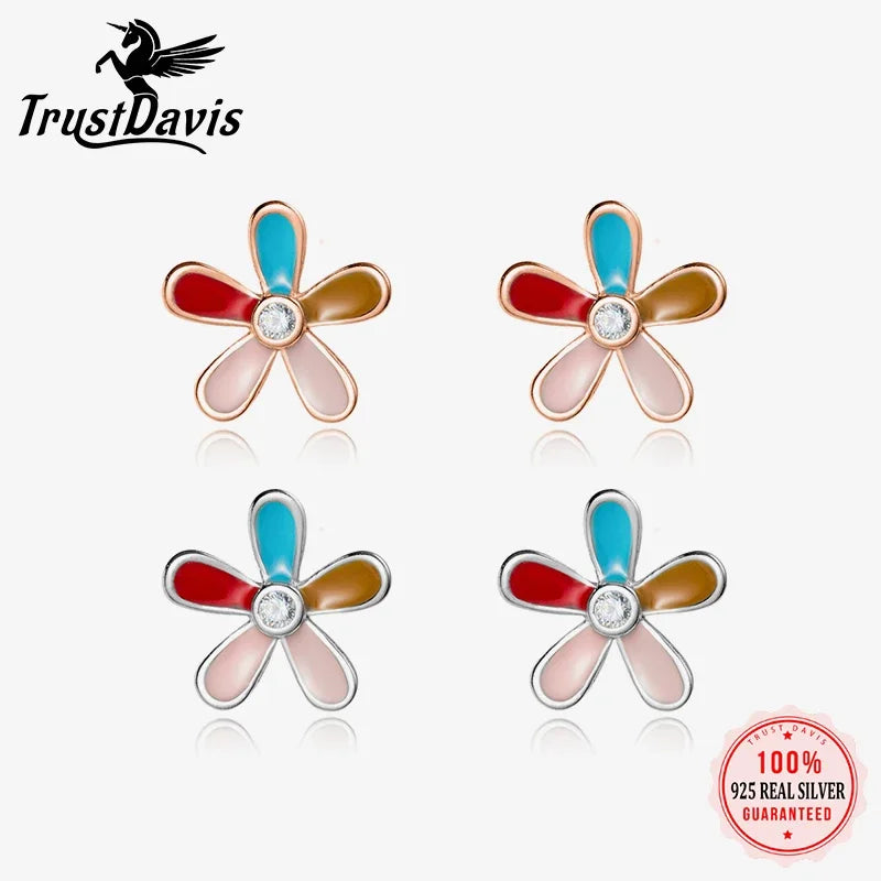 TrustDavis Girls Real 925 Sterling Silver Cute Colorful Five Petal Flower Earring Gift for Women Girl Fine Jewelry Gift DS4074