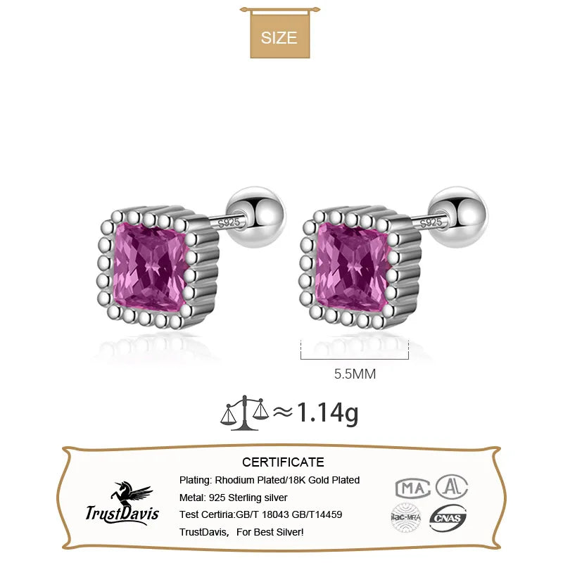 TrustDavis 100% 925 Sterling Silver Square Zircon CZ Screw Stud Earrings for Daughter Girls Fine Jewelry Gift DF2043
