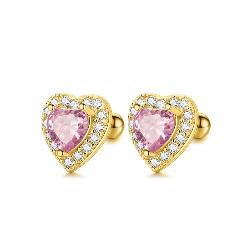 TrustDavis Authentic 925 Sterling Silver Pink Red Heart CZ Stud Earrings for Women Girls Kids Birthday Gift Jewelry DS3921
