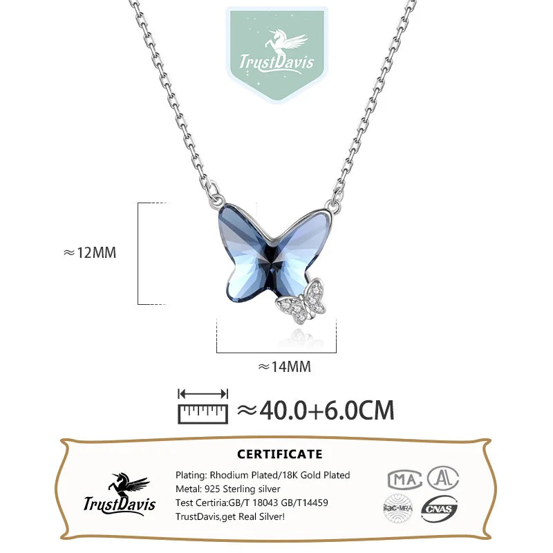 TrustDavis Real 925 Sterling Silver Women's Fashion Sweet Blue Crystal Butterfly Necklace for Women Gril Gift Jewelry DS4218