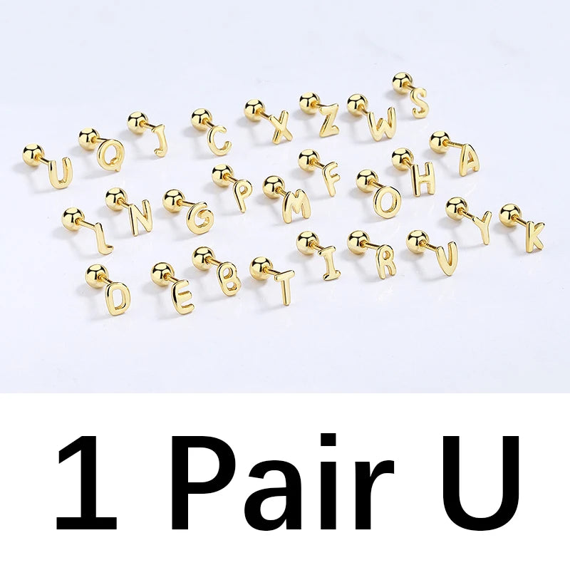 TrustDavis Real 925 Sterling Silver 26 Letter Screw Beads Stud Earring For Women Children Baby Minimalist Fine Jewelry DA2867
