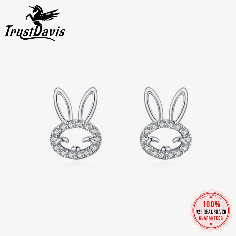 TrustDavis 925 Sterling Silver Women's Simple Sweet Bunny Hollow with Zircon Stud Earrings for Women Girls Jewelry Gift DS4262