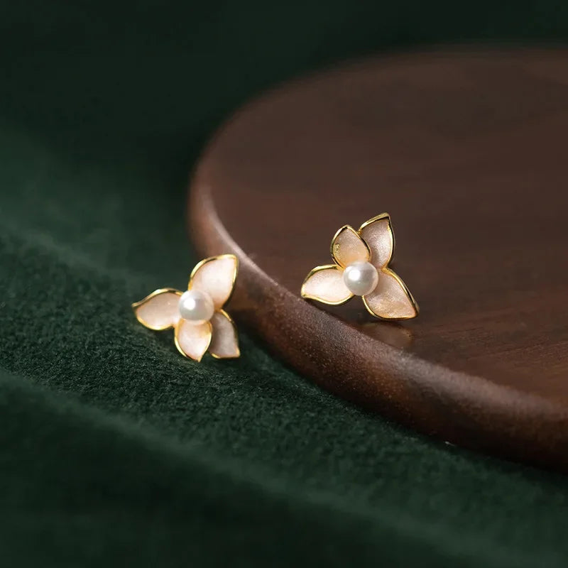 TrustDavis Real 925 Sterling Silver Sweet 18k Gold Flower Synthesis Pearl Stud Earrings For Fashion Women Gift Jewelry DE0316