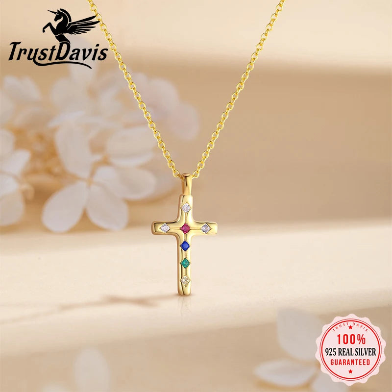 TrustDavis Real 925 Sterling Silver Fashion Colorful Zircon Cross Necklace for Women Girl Birthday Gift Fine Jewelry DS4668