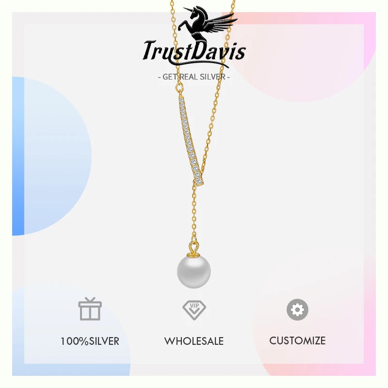 TrustDavis 925 Sterling Silver Women's Fashion and Simple Y-Shaped Pearl Adjustable Necklace for Women Girls Jewelry Gift DS4265