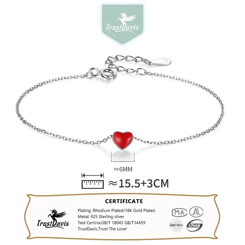 100% 925 Sterling Silver Fashion Love Red Heart Bracelet DS309