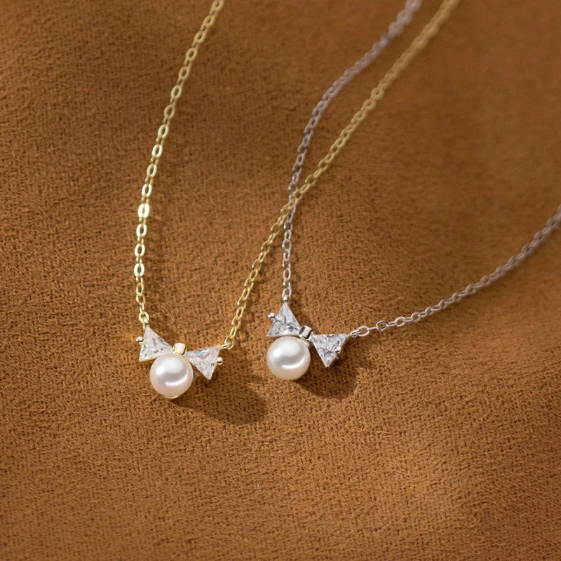 TrustDavis Real 925 Sterling Silver Fashion Charm Diamond Studded Bow Pearl Necklace for Women Wedding Party S925 Jewelry DA1636