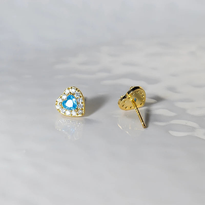 TrustDavis 925 Sterling Silver Fashion Heart Shaped Earrings Blue Diamond Stud Earrings for Women Fine Jewelry Gift DS4167