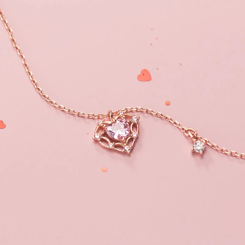Heart Hollow Pink Stone Short Chain Necklace DS3358