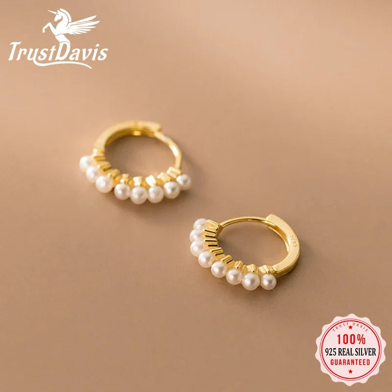 TrustDavis Real 925 Sterling Silver Hoop Earrings For Women Wedding Christmas Synthesis Pearl Gold Fine Silver Jewelry DA2819