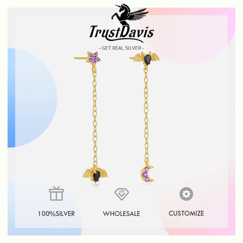 TrustDavis Real 925 Sterling Silver Women's Fashion Halloween Spider and Bat Earrings for Women Girls Gift Fine Jewelry DS4690