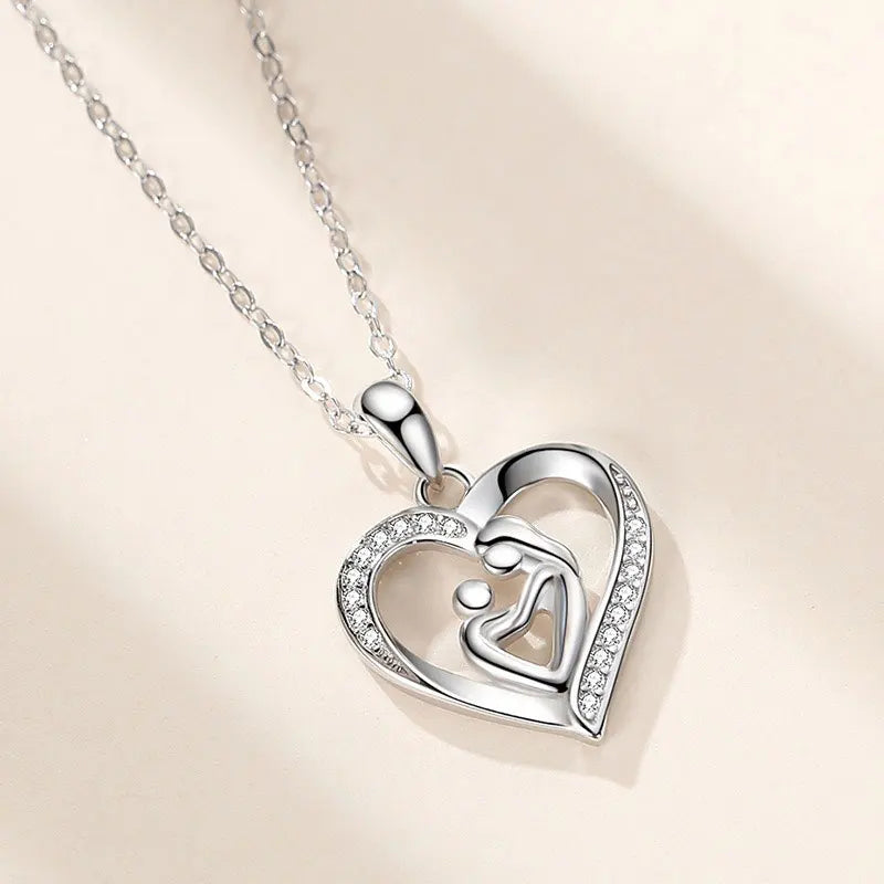 TrustDavis 925 Sterling Silver Heart-Shaped Mother and Child Hug Pendant Necklace for Mother's Day Birthday Gift Jewelry DS4191