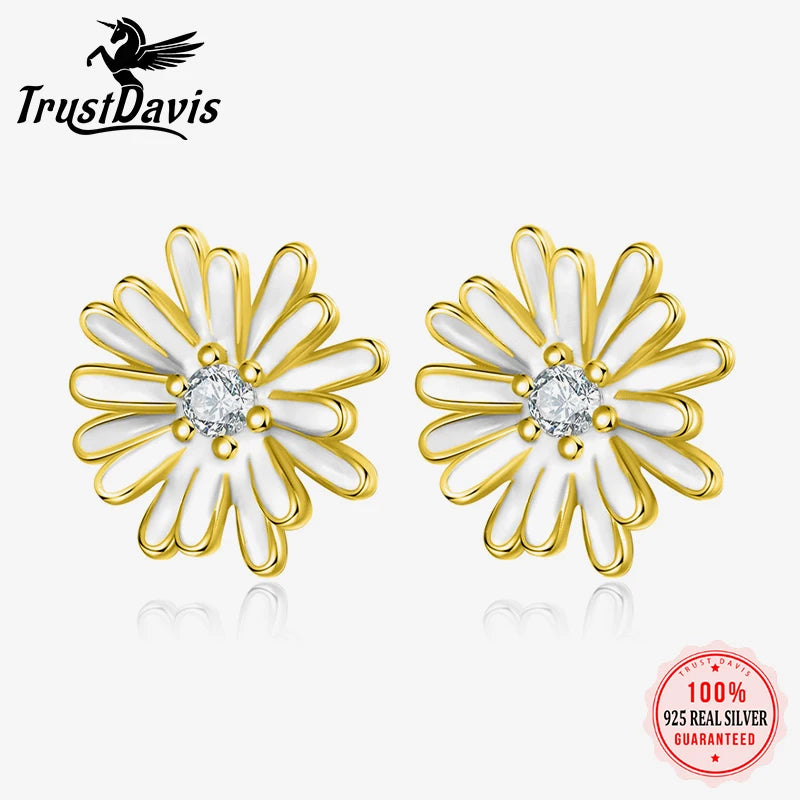 TrustDavis 2024 Real 925 Sterling Silver Sweet Chrysanthemum Flower Stud Earring for Women Wedding Party Jewelry Gift DS4027