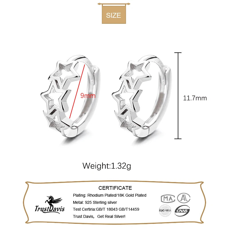 TrustDavis Real 925 Sterling Silver Sweet 18K Gold Hollow Star Charm Hoop Earrings For Women Office Lady Fine 925 Jewelry DG0118