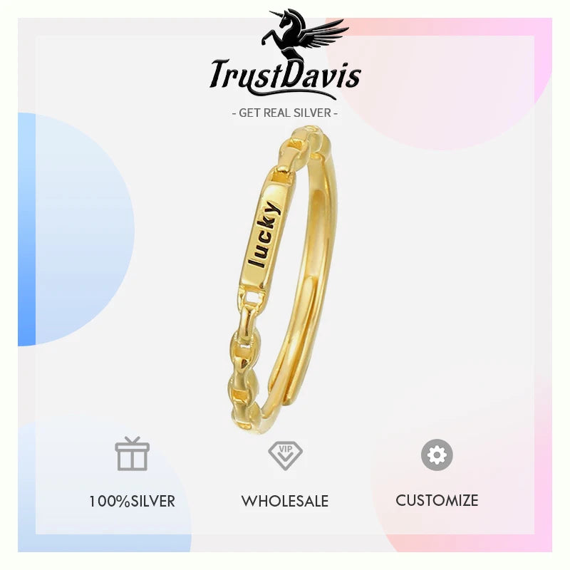 TrustDavis Real 925 Sterling Silver Women's Fashion Lucky Letter Ring Thin Stacking Letter Ring for Women Gift Jewelry DS4227