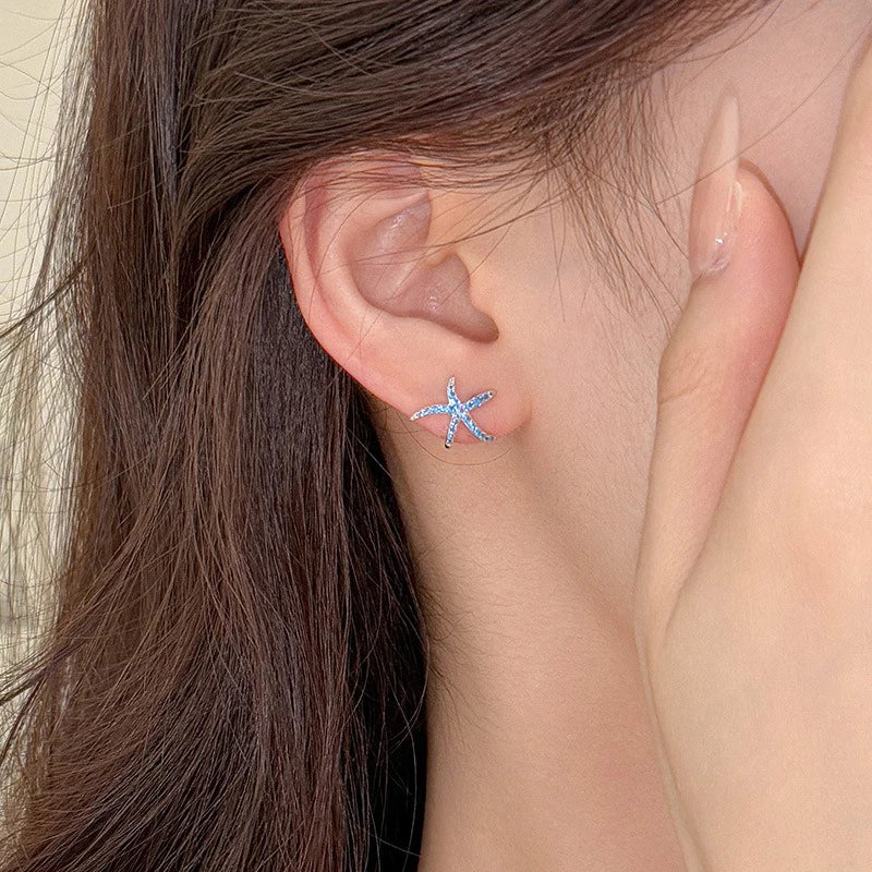 TrustDavis 925 Sterling Silver Women's Fashion Simple Blue Starfish Stud Earrings for Women Girls Birthday Jewelry Gift DS4678