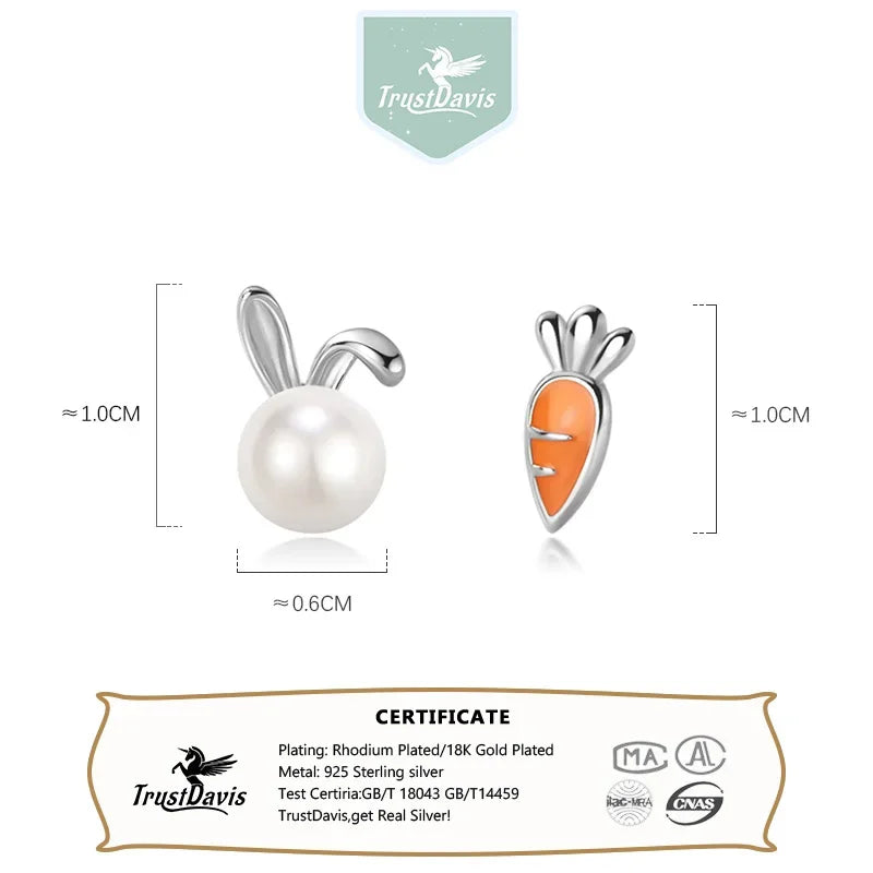 TrustDavis Girls Real 925 Sterling Silver Cute Rabbit Carrot Stud Earrings For Daughter Fine Birthday Jewelry Gift DS3962