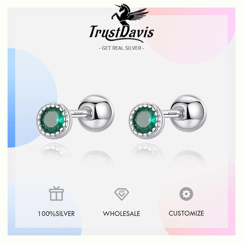 TrustDavis Real 925 Sterling Silver Round Colour CZ Screw Stud Earrings For Women Children Baby Girls Minimalist Jewelry DB1426