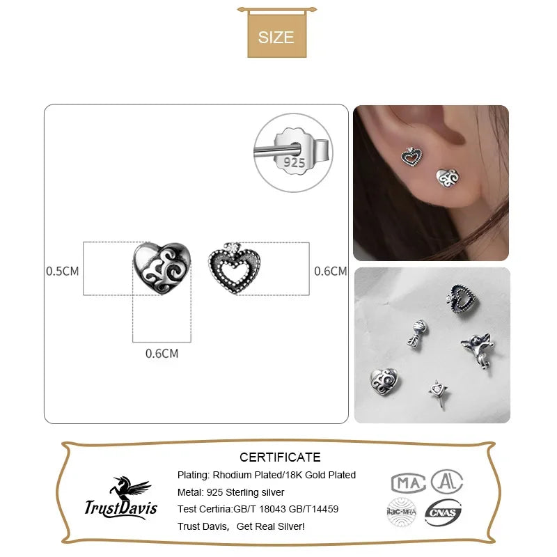 TrustDavis Real 925 Sterling Thai Silver Angel Love Stud Earring Cool For Daughter Girls Birthday Gift Jewelry Wholesale DA3117