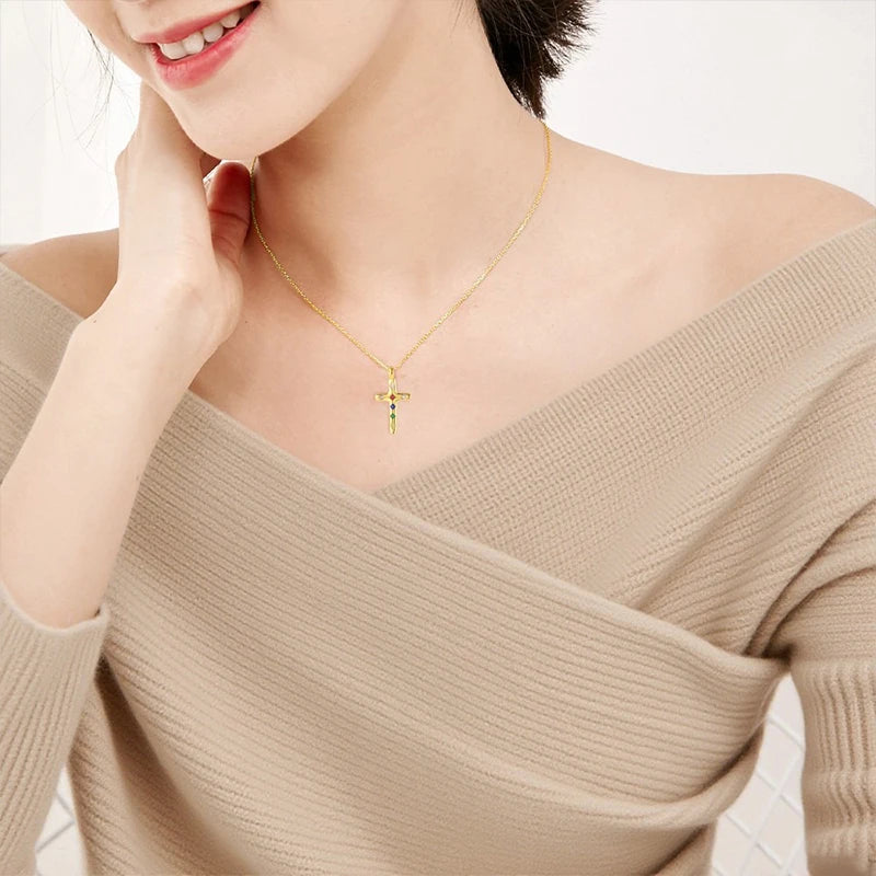 TrustDavis Real 925 Sterling Silver Fashion Colorful Zircon Cross Necklace for Women Girl Birthday Gift Fine Jewelry DS4668