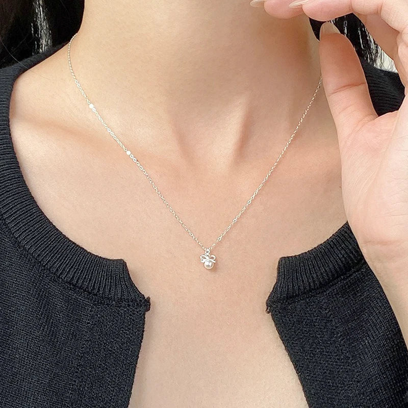 TrustDavis Real 925 Sterling Silver Fashion Personality Pearl Bow Necklace for Women Wedding Party S925 Jewelry DA1630