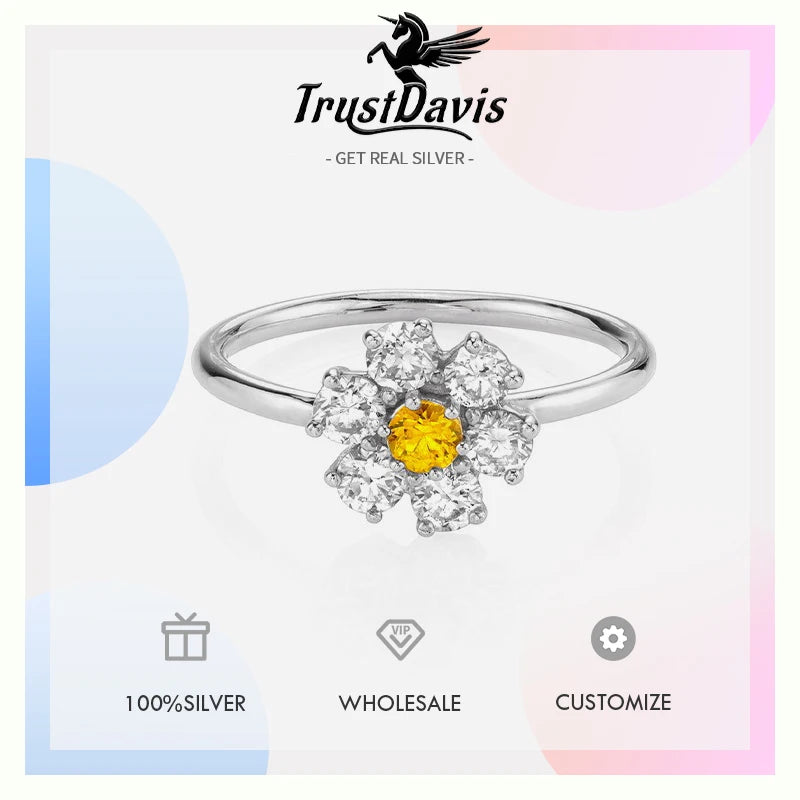 TrustDavis Real 925 Sterling Silver Women's Fashion Two-tone Flower Colored Zircon Ring for Women Girls Fine Jewelry Gift DS4708
