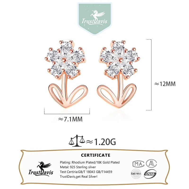 TrustDavis 925 Sterling Silver Women's Fashion Sweet Flower Zirconia Stud Earrings for Women Girls Jewelry Gift DS4294
