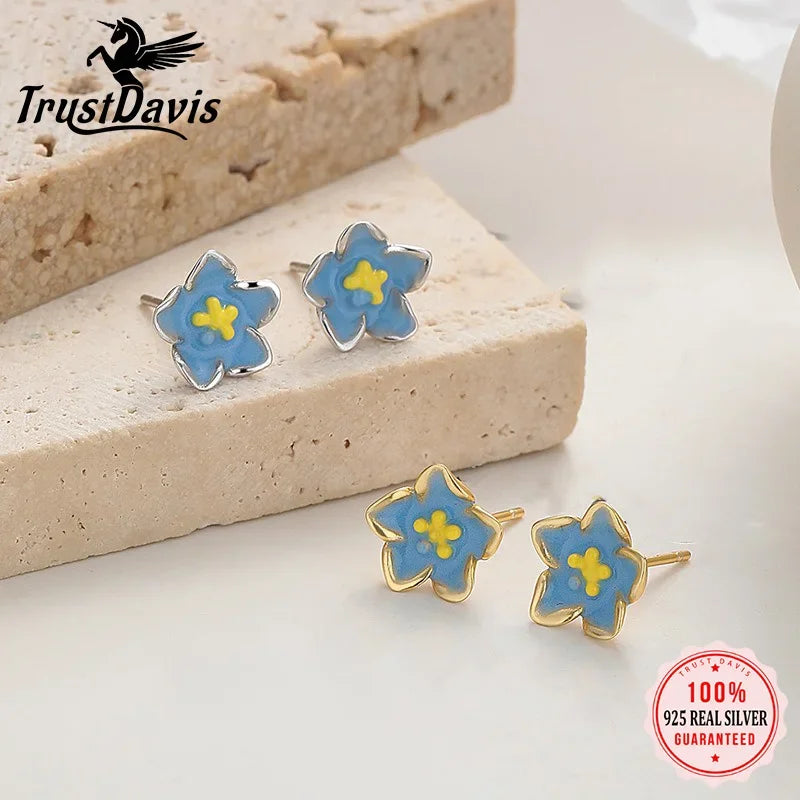 TrustDavis Real 925 Sterling Silver Small Fresh Flowers Screw Stud Earrings for Women Young Daughter Birthday Party Gift DS4072