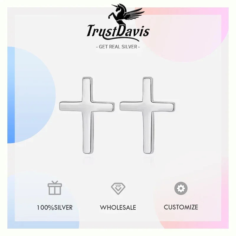 TrustDavis 925 Sterling Silver Fashion Authentic Minimalist Cross Stud Earrings Gift for Women Girls Anniversary Gift DS784
