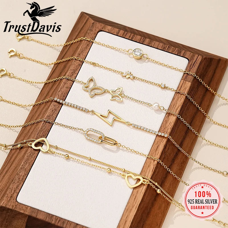 TrustDavis Girls 925 Sterling Silver Fashion Butterfly/Hollow heart/Lightning Bracelet for Women Girl Gift Fine Jewelry DS4662