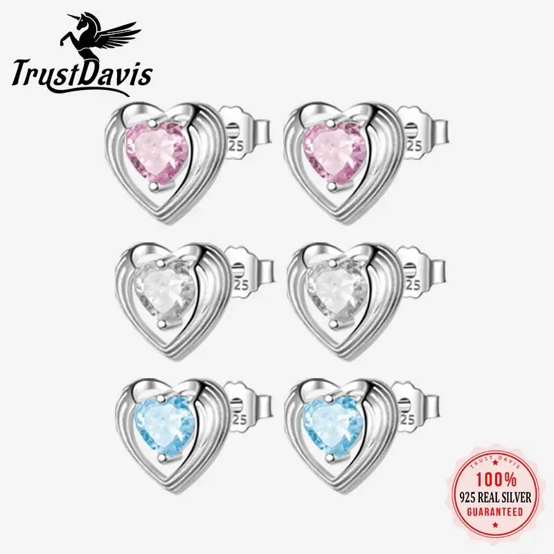 TrustDavis Girls Real 925 Sterling Silver Heart Colorful Zircon Stud Earrings for Sweet Daugther Fine S925 Jewelry DS4505