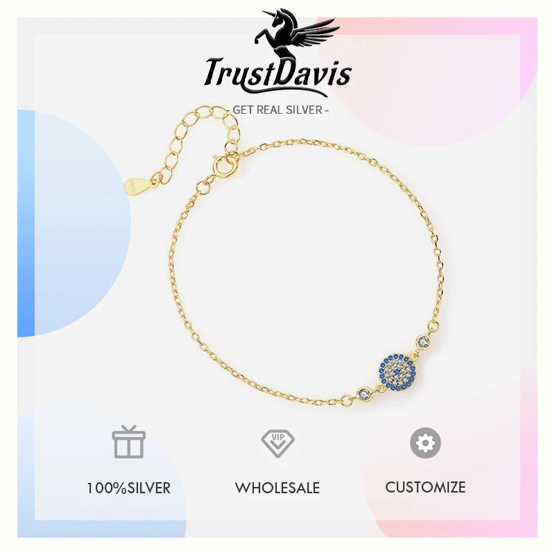 TrustDavis 925 Sterling Silver Women's Fashion Simple Evil Eye Bracelet for Women Birthday Mother's Day Jewelry Gift DS4203