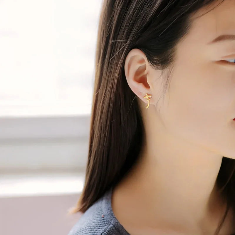 Real 925 Sterling Silver Fashion Plane Star Ear Hook Charm Stud Earrings H072