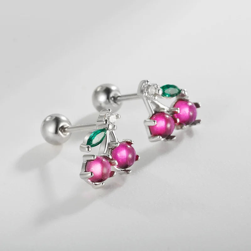 Real 925 Sterling Silver Sweet Cherry Zircon Screw Earrings DA4164