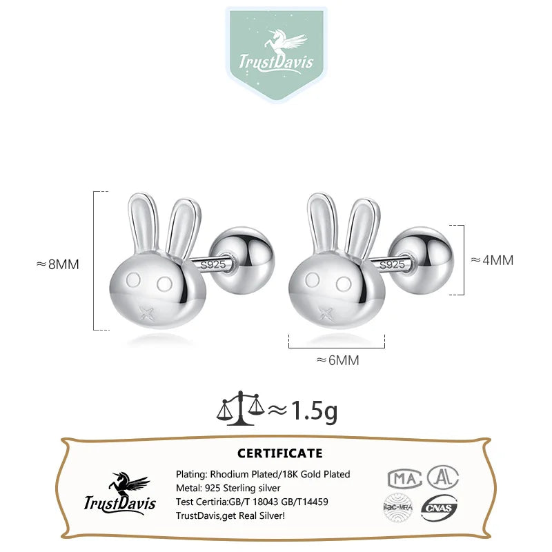 TrustDavis Real 925 Sterling Silver Sweet Rabbit Year Wish Gift Earrings for Daughter Children Birthday Gift Jewelry DS3583