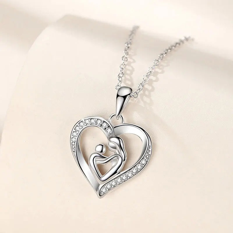 TrustDavis 925 Sterling Silver Heart-Shaped Mother and Child Hug Pendant Necklace for Mother's Day Birthday Gift Jewelry DS4191