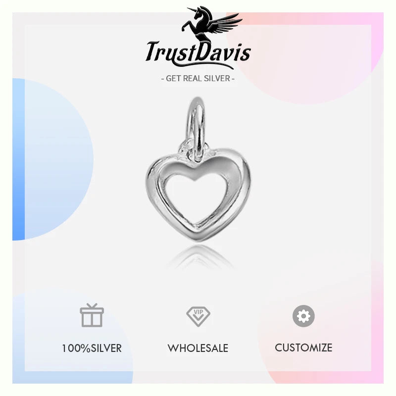 TrustDavis New Real 925 Sterling Silver Fashion Simple Heart Charm Pendant Handmade DIY Accessories Wholesale DZ1717
