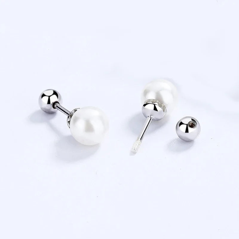 TrustDavis Real 925 Sterling Silver 4/5/6mm Synthesis Pearl Screw Stud Earring for Women Party Mini Minimalist Jewelry DA2870