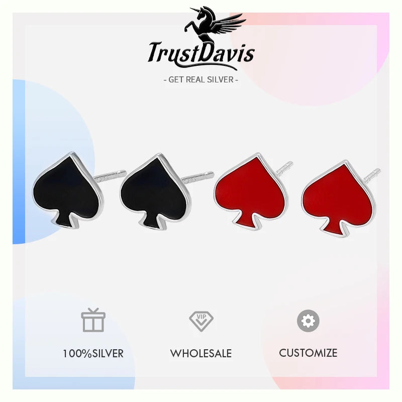 TrustDavis Real 925 Sterling Silver Women's Fashion Simple Black and Red Heart Earrings for Women Girls Jewelry Gifts DS4250