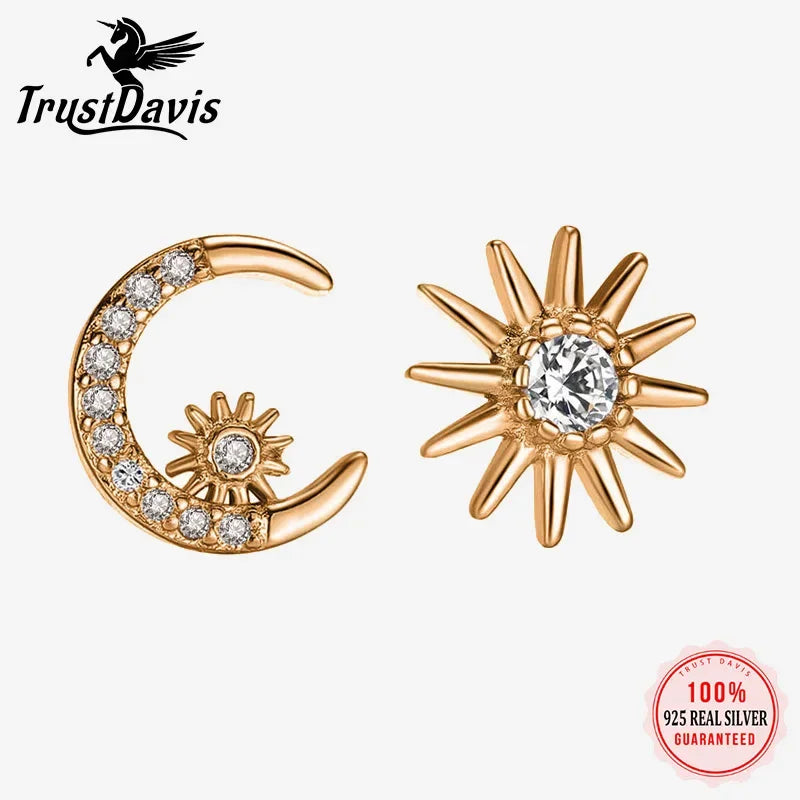 TrustDavis Real 925 Sterling Silver Sweet Asymmetry Dazzling CZ Moon Star Stud Earring For Women Party Fine Jewelry Gift DB1235