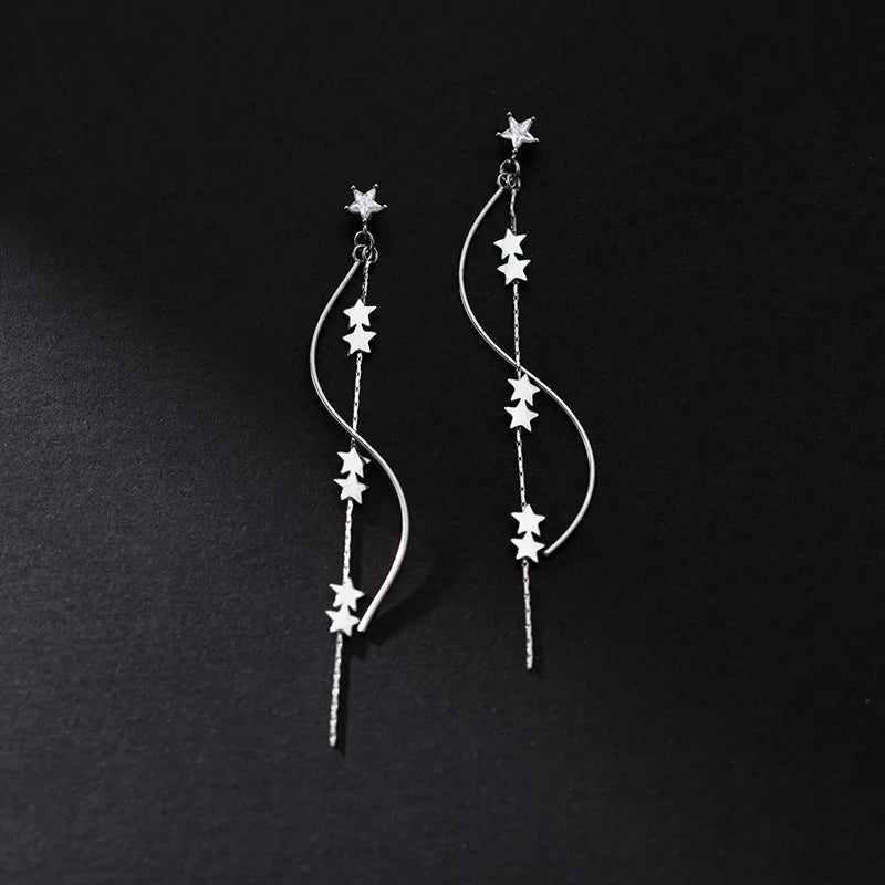 TrustDavis Real 925 Sterling Silver Earring For Women Waves Stars Tassels Stud Earrings Wedding Anniversary Jewelry Gift DG0008