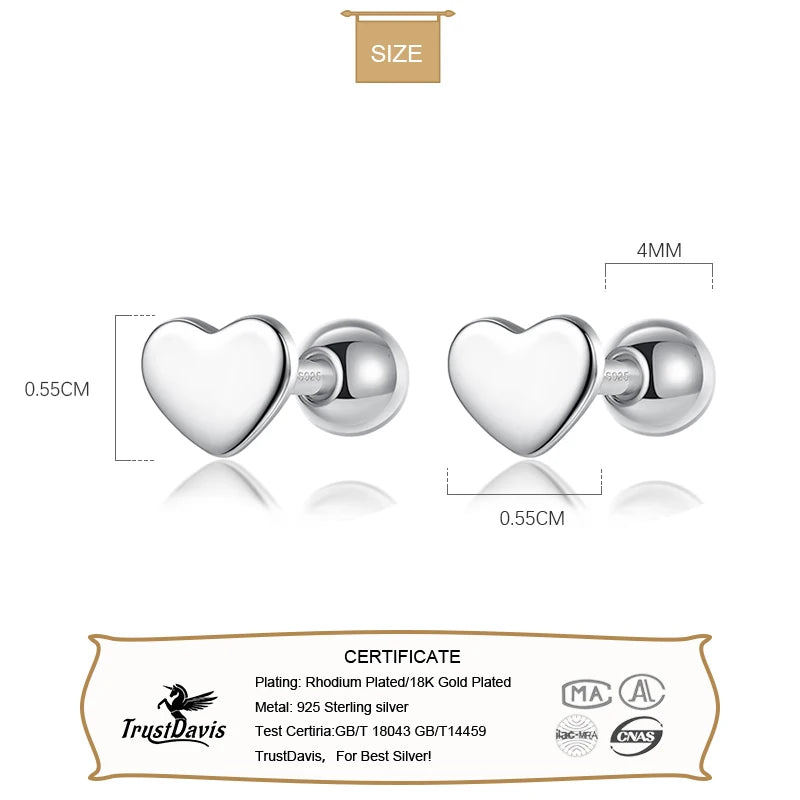 Trustdavis 100% 925 Sterling Silver Heart Screw Stud Earrings For Women Children Baby Girls Kids Mini Minimalist Jewelry DA77