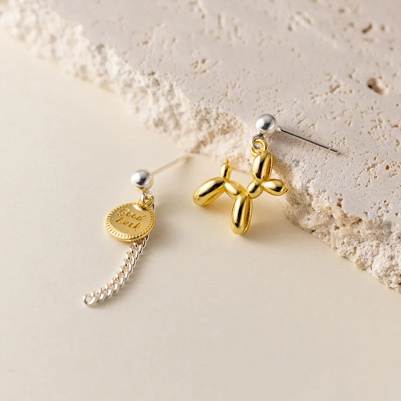 TrustDavis Real 925 Sterling Silver Earrings Asymmetric Balloon Dog Chian Stud Earrings For Women Wedding Party Jewelry DA2662