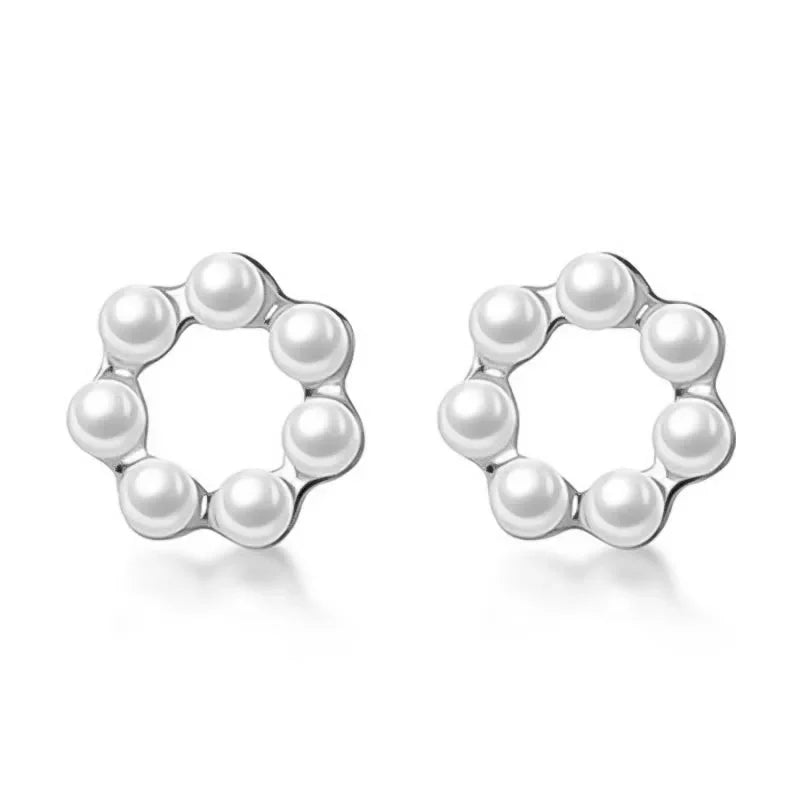 TrustDavis Real 925 Sterling Silver Fashion Hollow Flower Synthetic Pearl Stud Earrings For Women Wedding Party Jewelry DB376