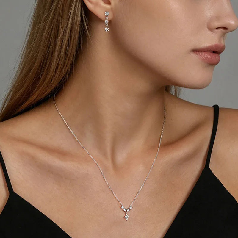Star Moon Pearl Stud Earring Necklace Set DS4918