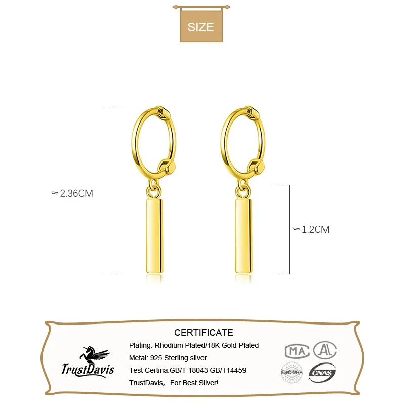 TrustDavis Genuine 925 Sterling Silver Square Stick Dangle Hoop Earring For Women Wedding Party birthday Fine Jewelry DA1223
