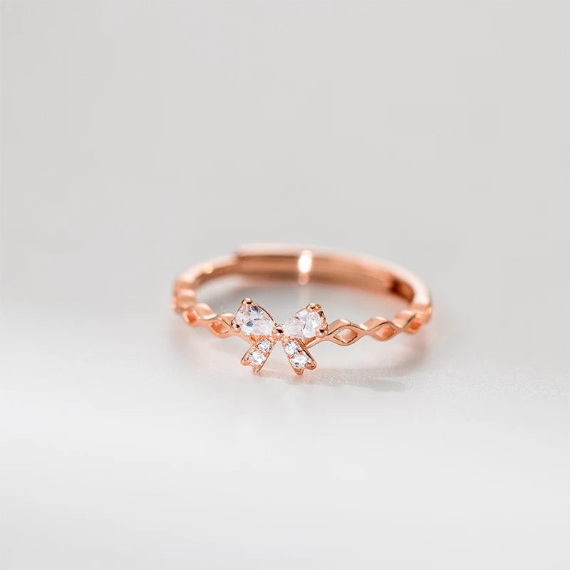 TrustDavis Real 925 Sterling Silver Ring Fashion Charm Bow Zirconi Ring for Women Adjustable Ring Fine Jewelry for Her DS4165