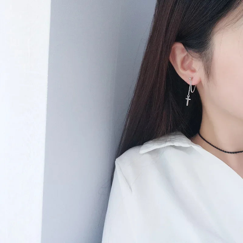 TrustDavis 100% 925 Sterling Silver Cross Chain Stud Earrings Beautiful For Women Lady Silver 925 Jewelry Gift ED470